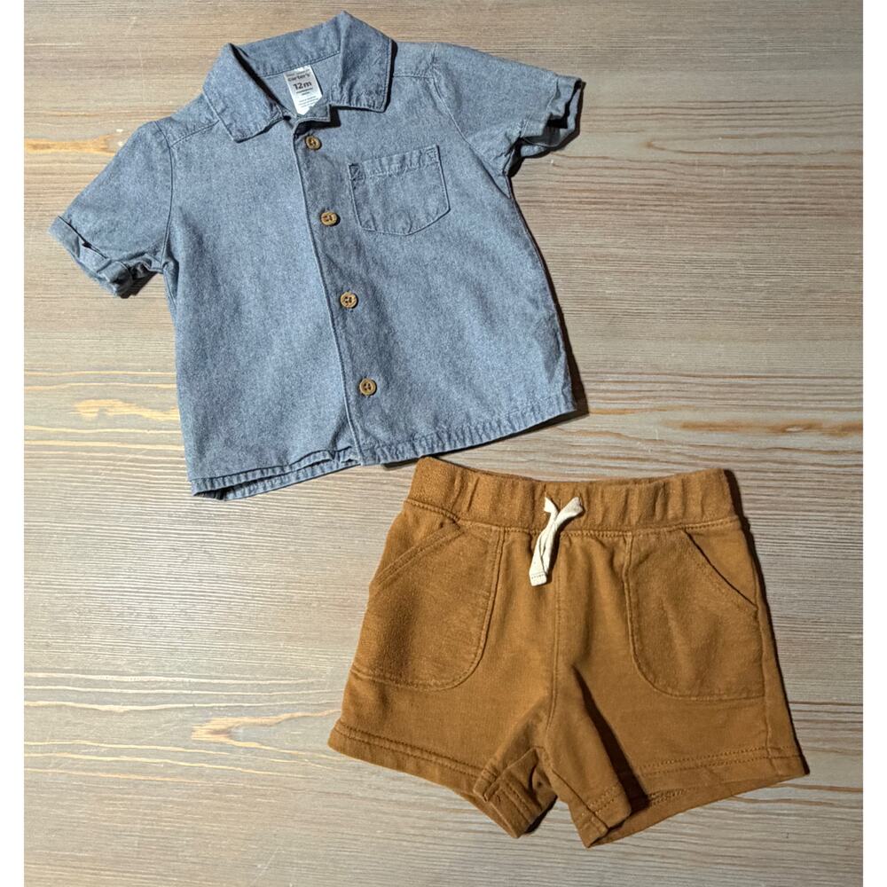 Carter's Baby Boys Chambray Button-Down & Knit Canvas Shorts Set (Size 12M)